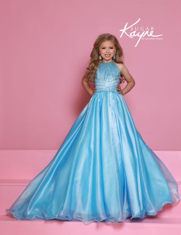 sugar kayne blue girls pageant dress with halter neckline, crystal beadwork, and full shimmering skirt - perfect for glitz pageants and crowning moments.